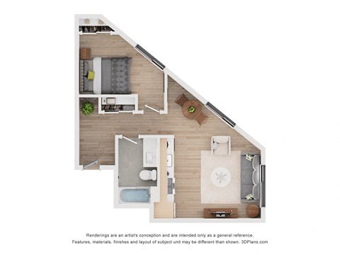 Floor plan for 1 bed, 1 bath, 581 sqft